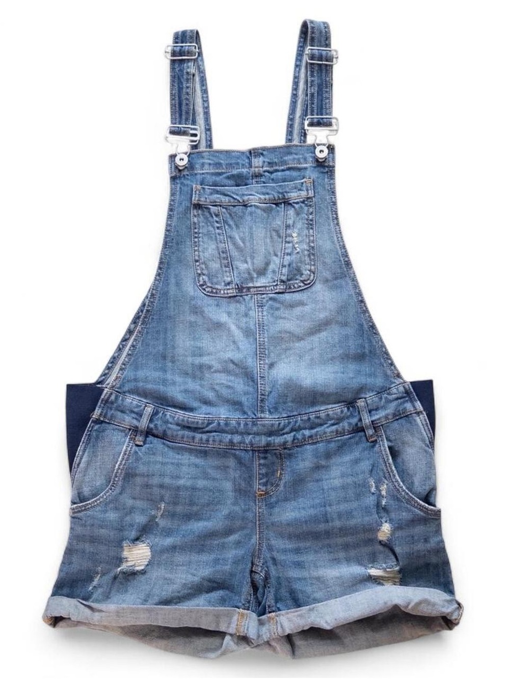 Indigo Blue Maternity Denim Overall Shorts Size Medium Distressed Bib Shorts